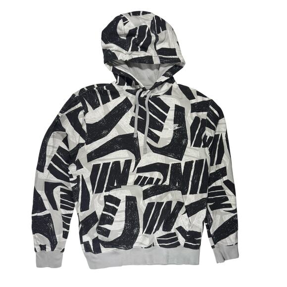 Nike Men’s Medium Gray Hoodie Black Logo Repeat Print Pullover Sweatshirt - Picture 1 of 7